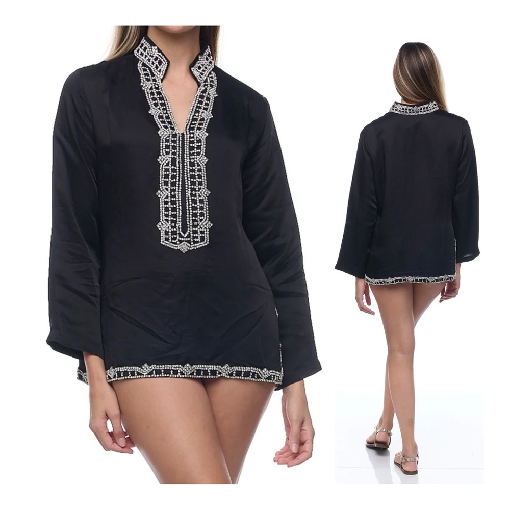 Ranee’s Embellished Black Diamanté Tunic Top with Split V-Neck